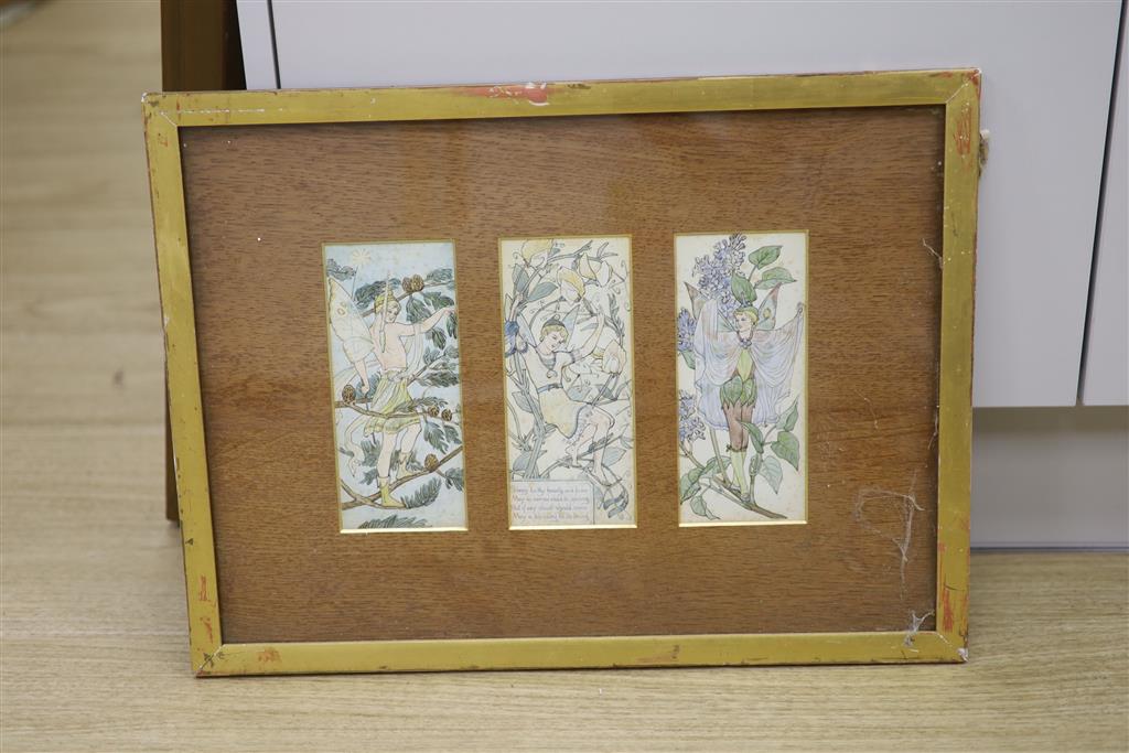 English School c.1900, watercolour and ink, Study of three fairies with verse Sunny be thy hearth and home, each 18 x 8cm, framed as